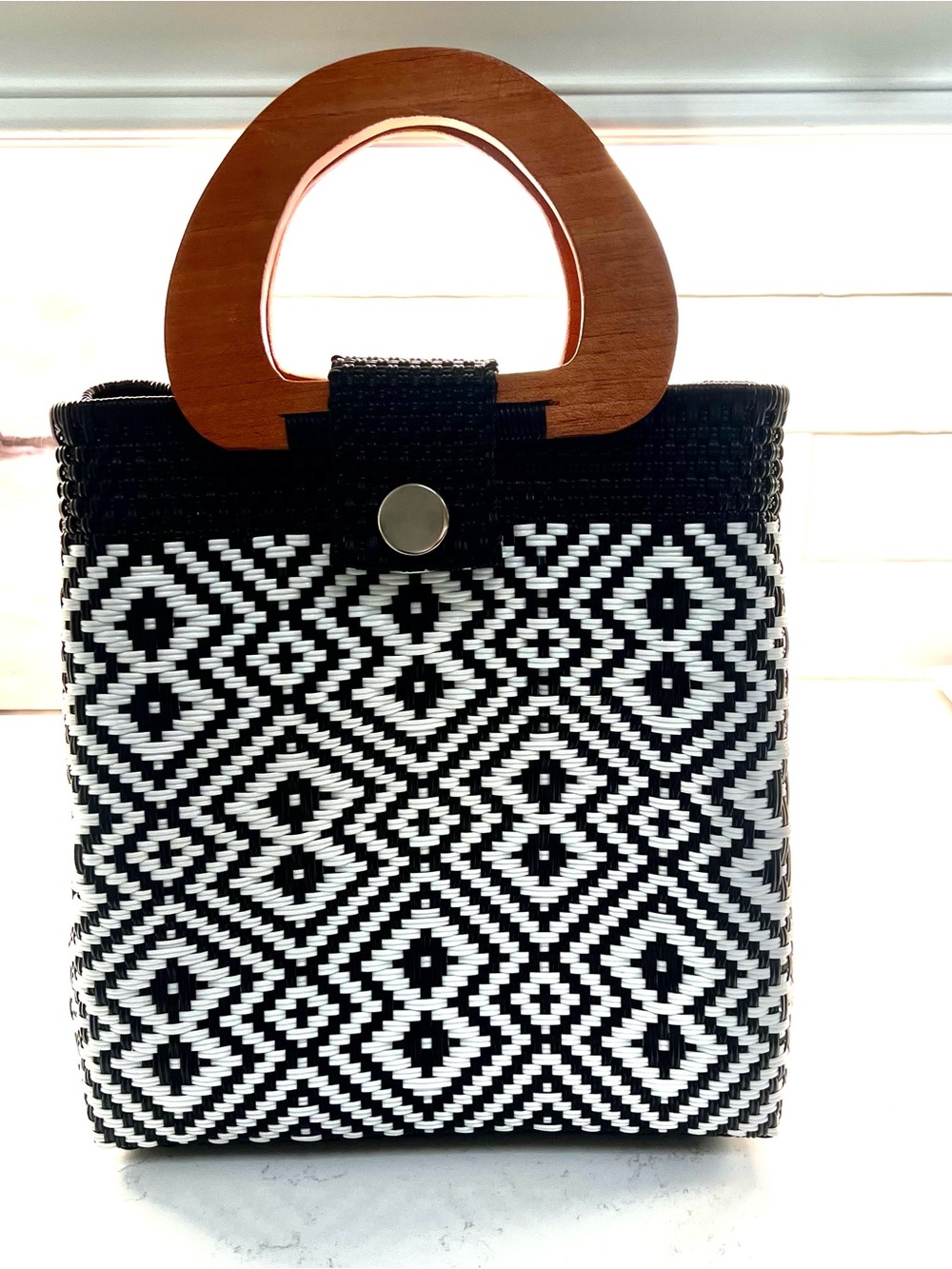 Black & White Geometric Woven Tote with Wooden Handle